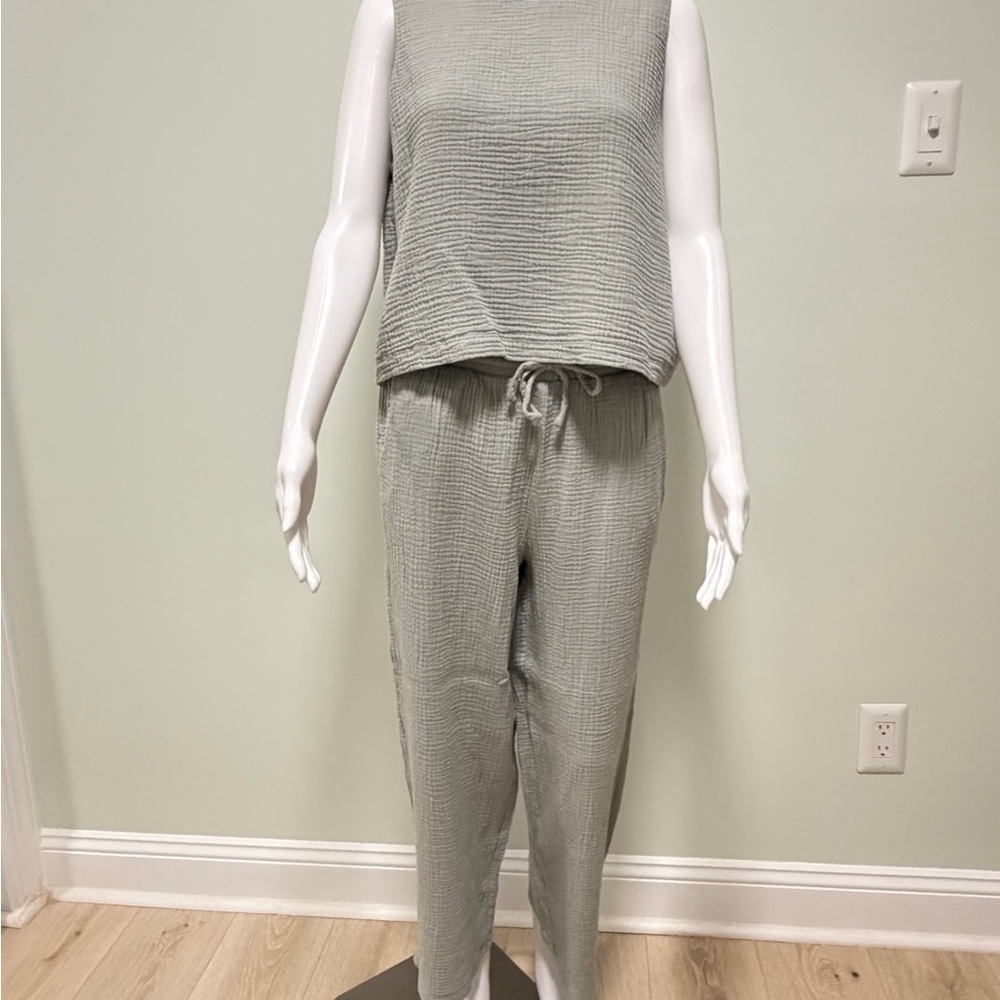 Z Supply Textured Sleeveless Sage Green Jumpsuit with Drawstring Waist